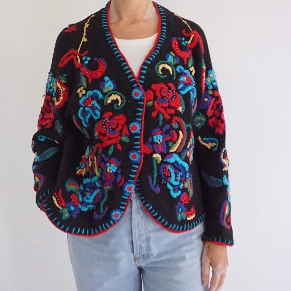 Vintage Gantos Black Floral Embroidered Boho Knit Garden Patch Cardigan S